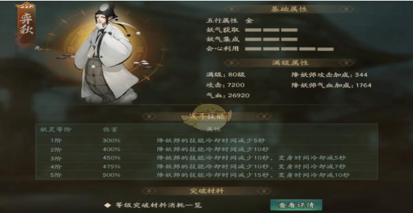 神都夜行录妖灵弈秋属性详解