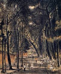 松下茅亭夏日幽凉，晚照汀沙云树绘苍茫